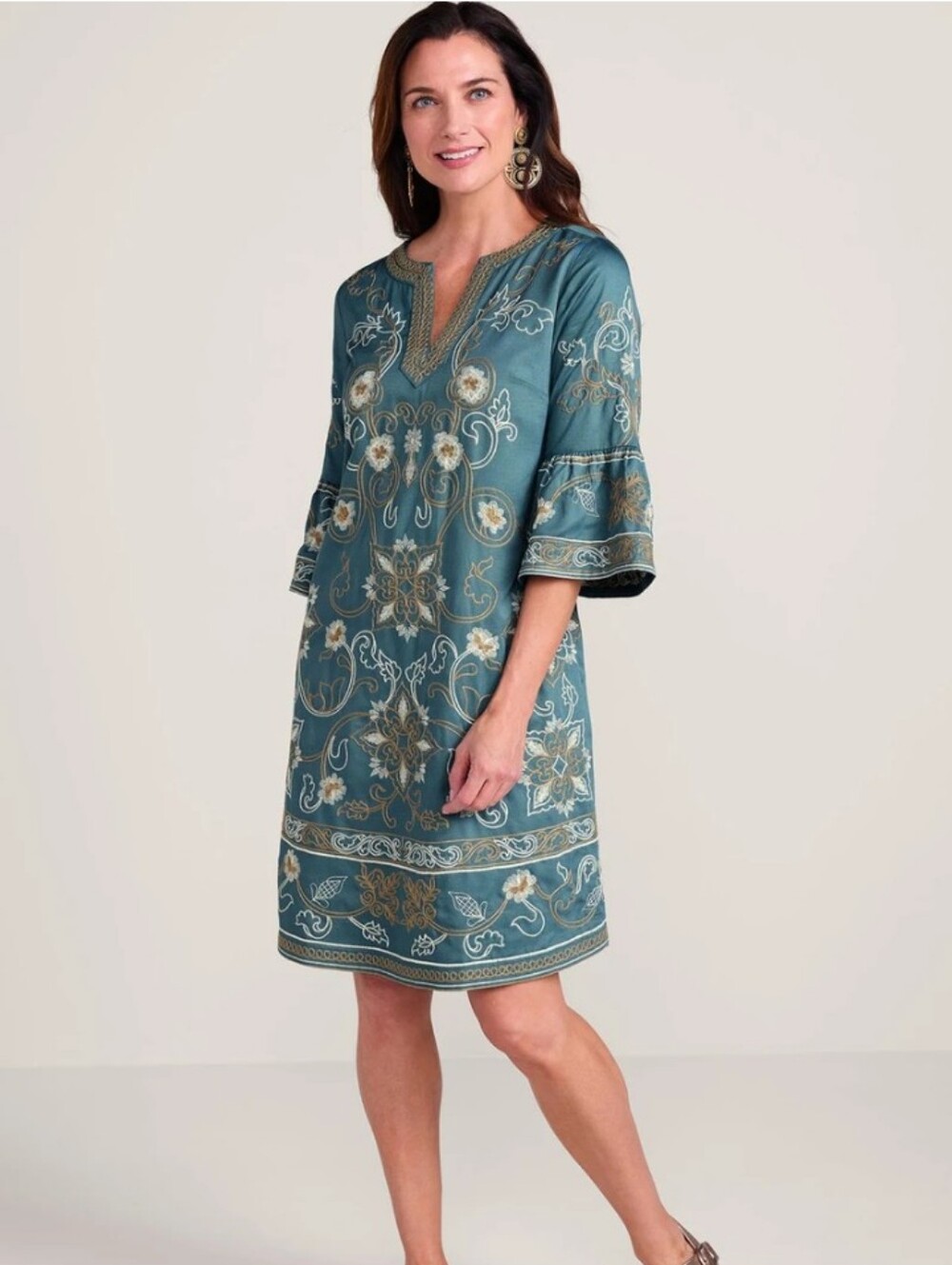 Soft Surroundings Ebba Teal Embroidered Boho Lined Shift Dress Tunic Like New M